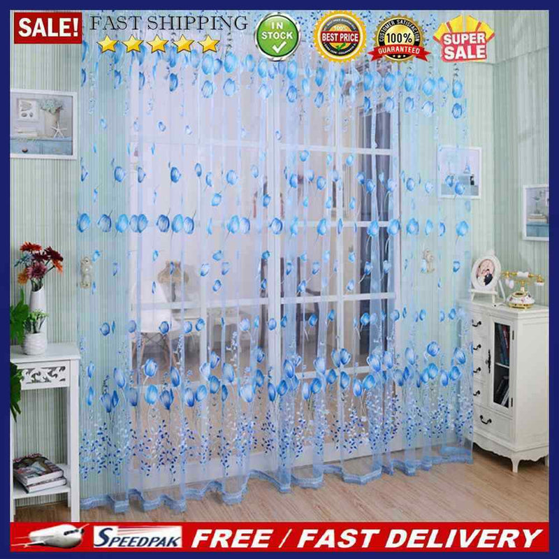 4pcs Tulip Flower Yarn Sheer Window Curtain Scarf Drapes(Blue)