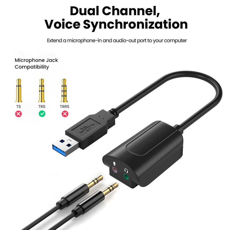Stereo External USB Sound Card Amplifier Headset Microphone 3.5mm Audio Adapter