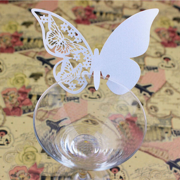 50 Pcs Butterfly Place Escort Wine Glass Paper Card for Wedding Party White