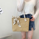Women Straw Woven Shoulder Tote Bag Casual Silk Scarf Large Capacity Handbags