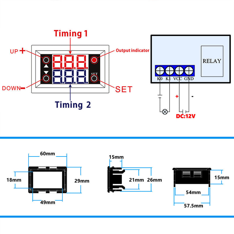 12V T2401 Timing Delay Relay Module Cycle Timer Digital LED Dual Display