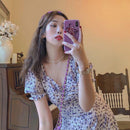 French Style Women Lady Chiffon Dresses Sexy V Neck Tunic Puff Sleeve Sundress