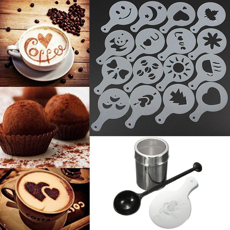 Chocolate Shaker Duster + 16pcs Cappuccino Coffee Stencils + Measure Spoon Newly