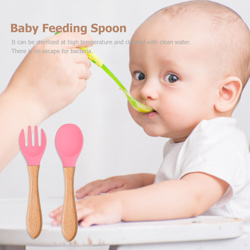 Baby Wooden Silicone Feeding Spoon Toddlers BPA-free Tableware (14) Newly