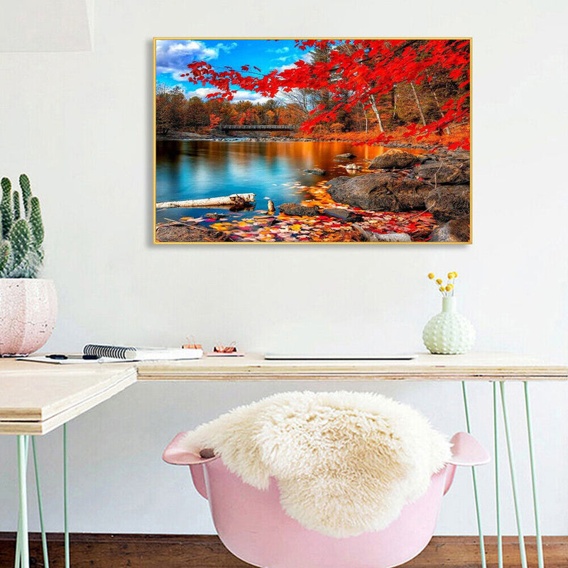 Handmade Canvas DIY Painting By Numbers Maple by Lake Kit Oil Drawing Ornaments