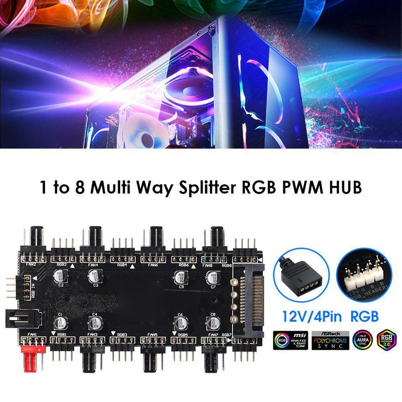 1 To 8 Multi Way RGB PWM HUB 12V/4 Pin for Fan Motherboard (4D+Shell)