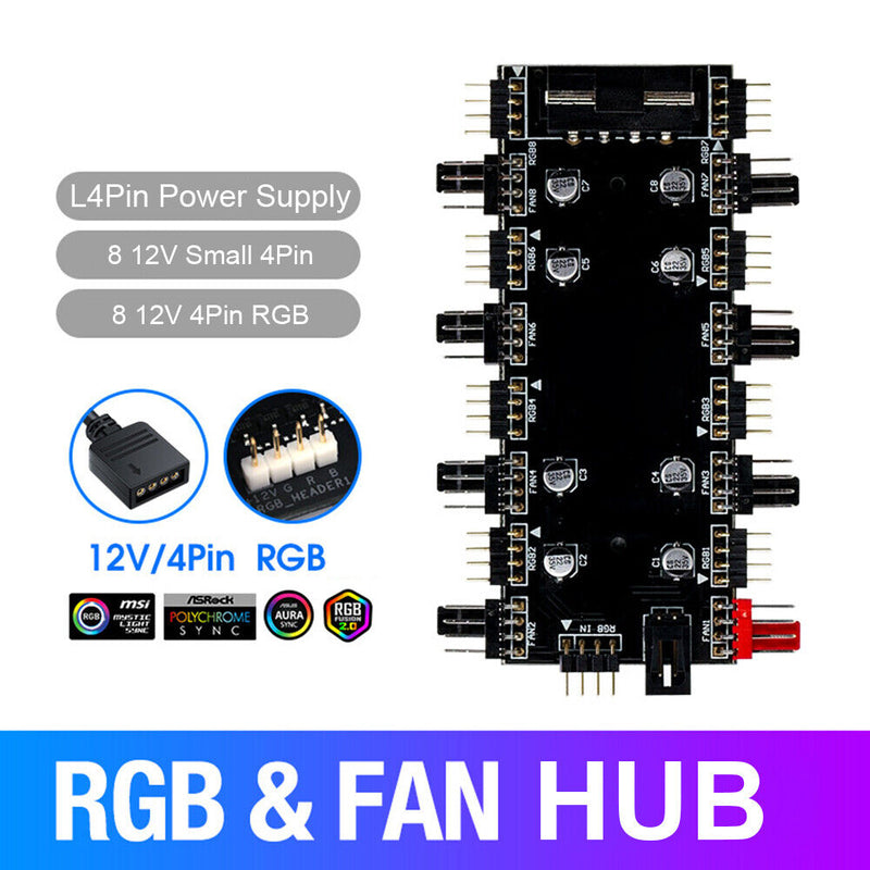 1 To 8 Multi Way RGB PWM HUB Splitter for PC Fan 12V/4 Pin LED Light Adapter
