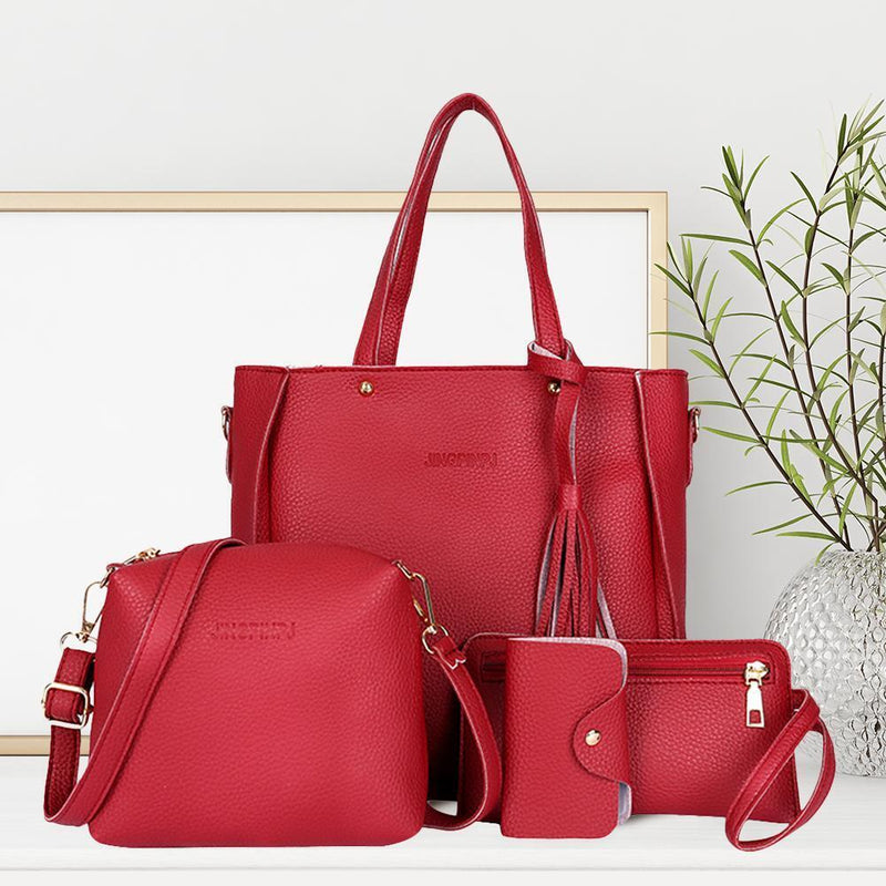 4pcs/Set Lichi Leather Tassels Women Tote Shoulder Clutch Card Bags (Red)