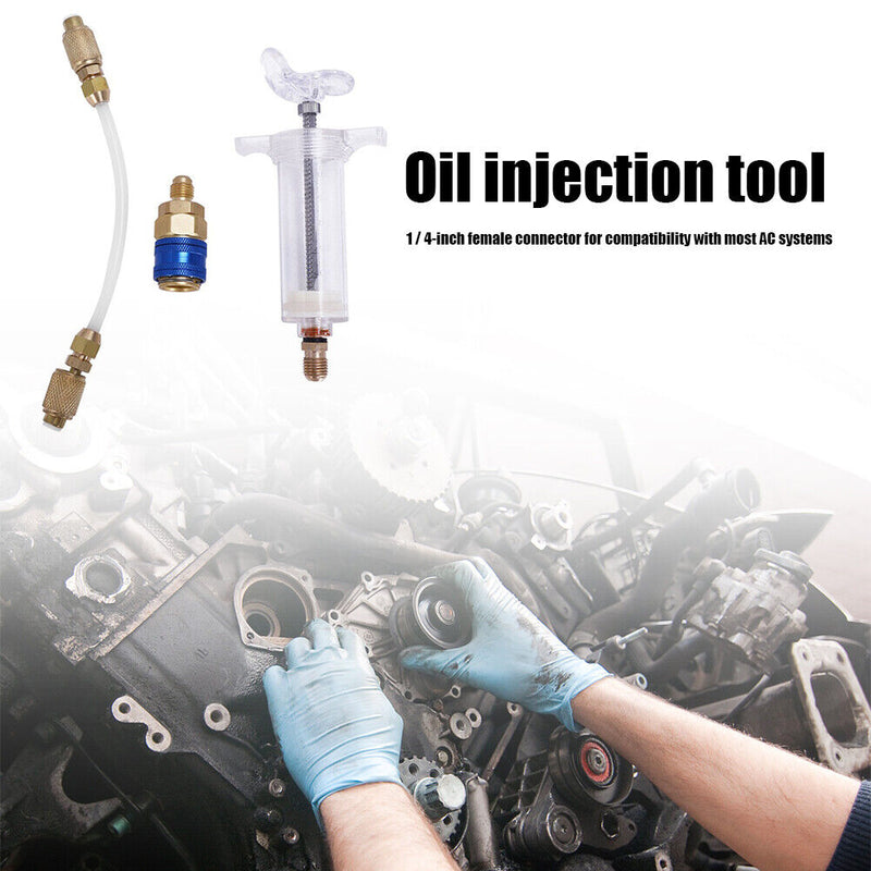 2oz A/C Oil Dye Injector with Low Side Quick Coupler Clear Hose 1/4 SAE R-134a