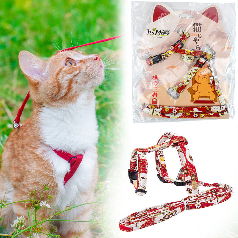 Adjustable Cat Traction Rope Japanese Print Chest Strap for Pet Outdoor Walking