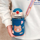 620ML Kids Water Sippy Cup with Silicone Bag Cartoon Feeding Bottle (Blue) Newly