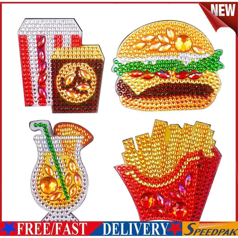 4pcs DIY Full Drill Diamond Burger Fries Food Embroidery Fridge Magnets