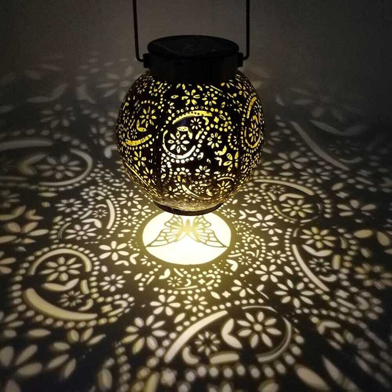 LED Solar Lantern Light Hollow Floral Projection Hanging Lamp Decor (Brown)