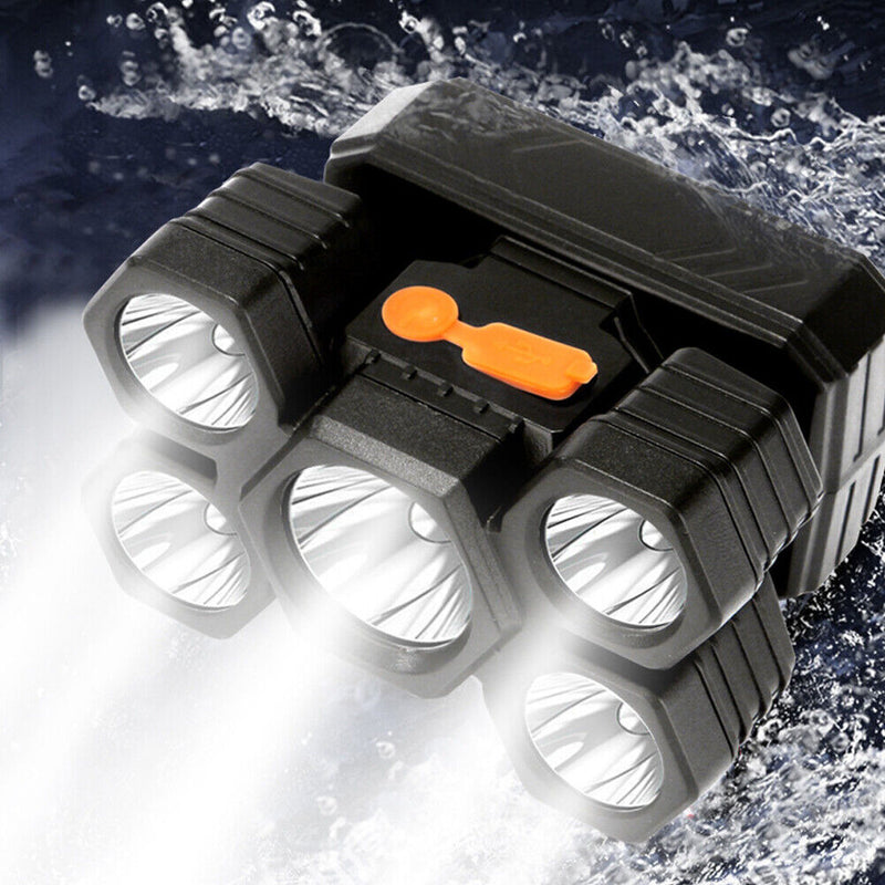 USB Rechargeable 5 LED Headlamp IPX4 Waterproof 4 Gears 500LM Warning Head Torch