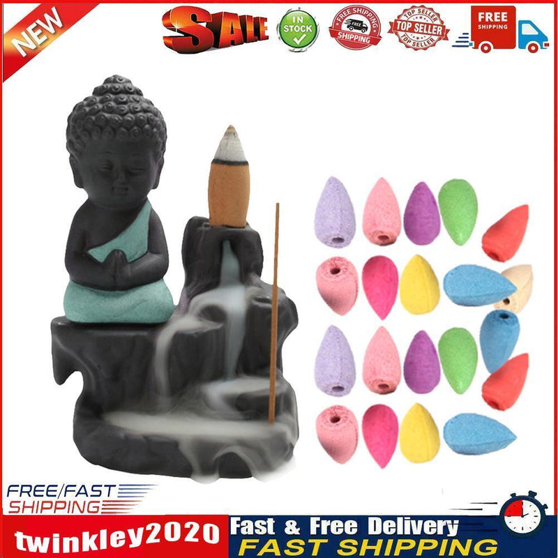 20pcs Incense Cones 1pcs Burner Buddha Waterfall Backflow Stove (Green) Newly