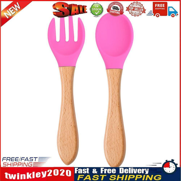 Baby Wooden Silicone Feeding Spoon Toddlers BPA-free Tableware (8) Newly