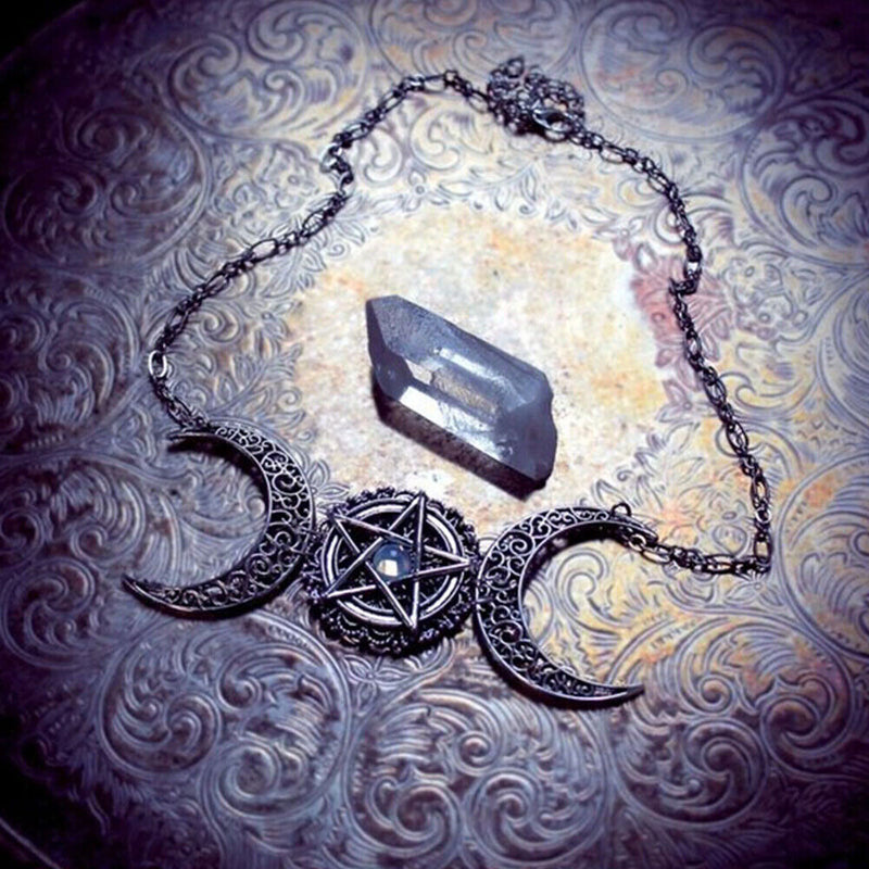 Pagan Jewelry Crystal Pentacle Pentagram Pendant Choker Triple Moon Necklace