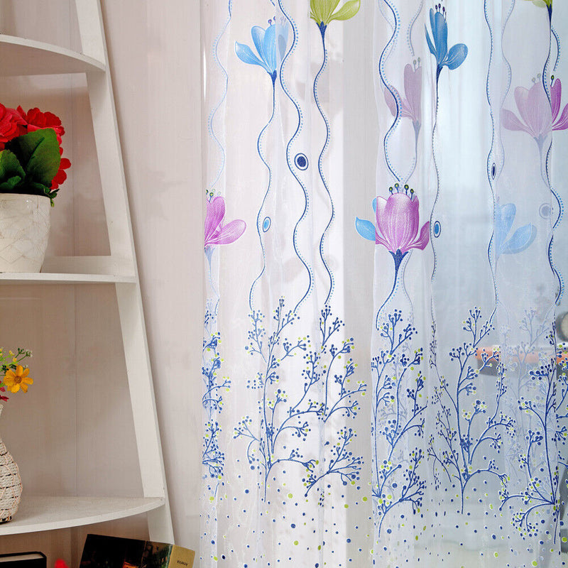 Flowers Print Translucent Curtains Windows Decor Tulle Sheer Drapes Blue