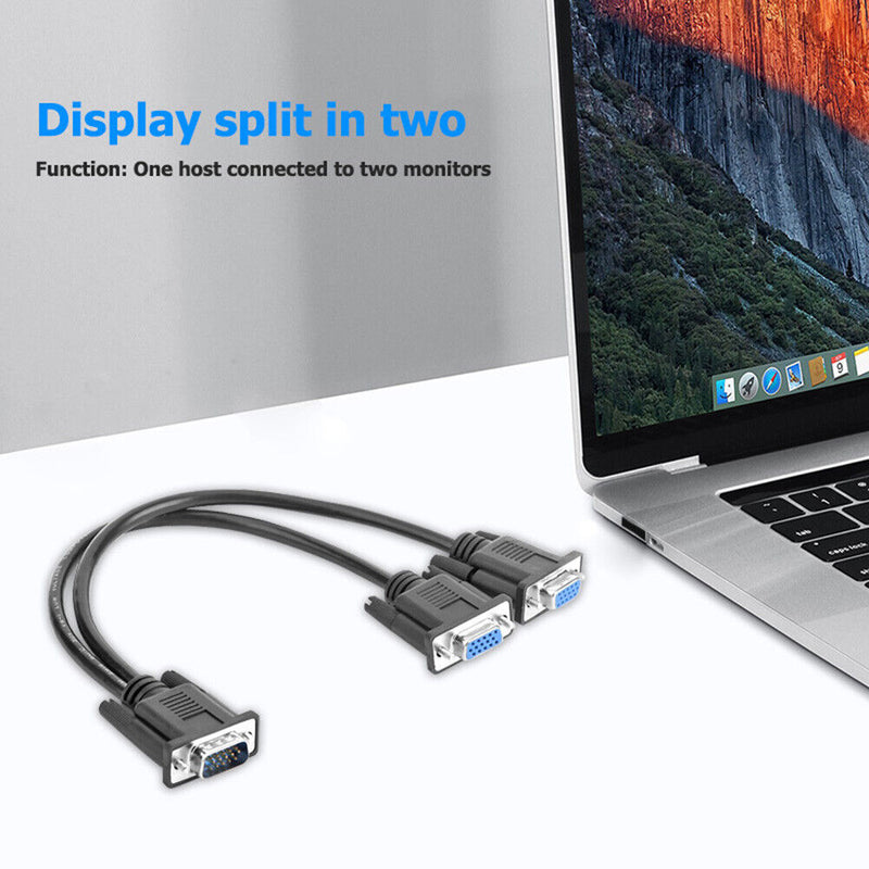 15 Pin VGA Male to 2 Female Y Splitter Cable Monitor Adapter for PC TV