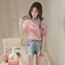 Fashion Women Strap Short Sleeve Stripe Tops Off Shoulder Loose T-Shirts Tees