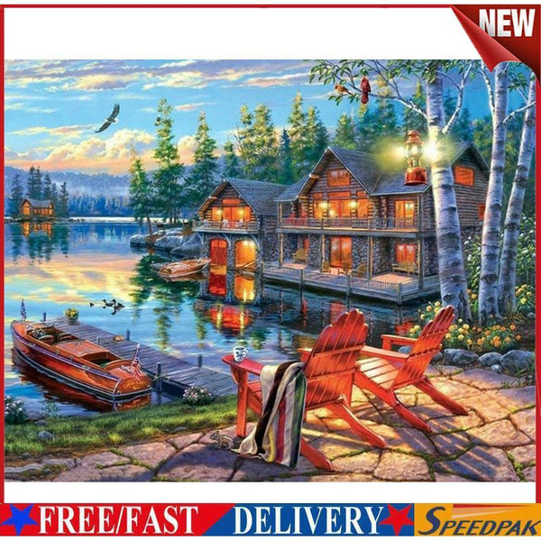 Full Embroidery DIY Canvas Stamped 11CT Art Cross Stitch Seaside House Kit #F