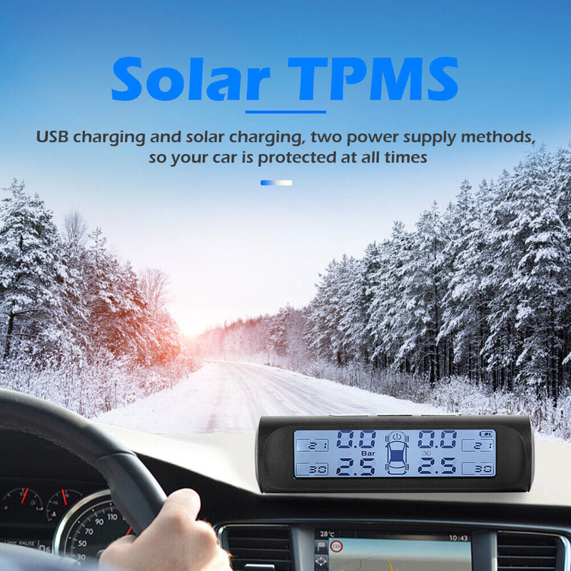 Solar Car TPMS Black White Screen Tire Pressure Monitoring System with 4 Sensors