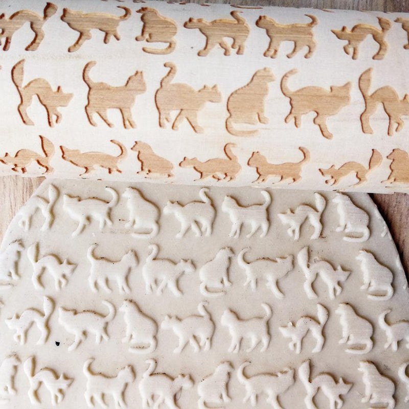 Cute Animal Wood Embossing Rolling Pin for DIY Baking Cookies Cake (Cat)