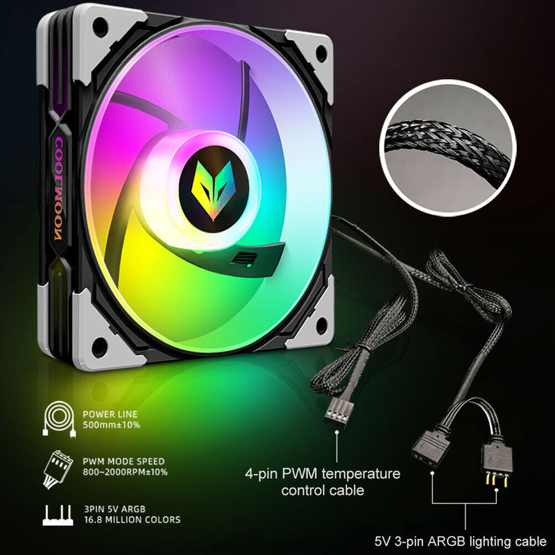 COOLMOON CPU Cooler 3 Pin ARGB FDB Bearing PWM PC Quiet Cooling Fan (Black)