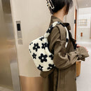 Portable Fluffy Flower Printed Satchel Autumn Women Plush Handbags Underarm Bag