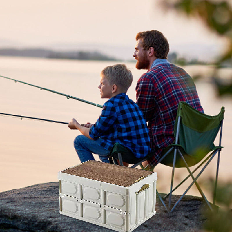 Folding Car Trunk Storage Box Wooden Lid Outdoor Camping Organizer (White)