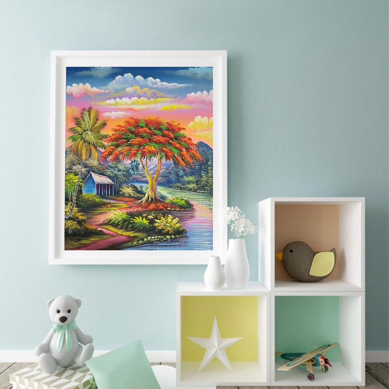 Quirky Tree Hut Oil Paint By Numbers Kit Frameless Drawing Picture Wall Decor
