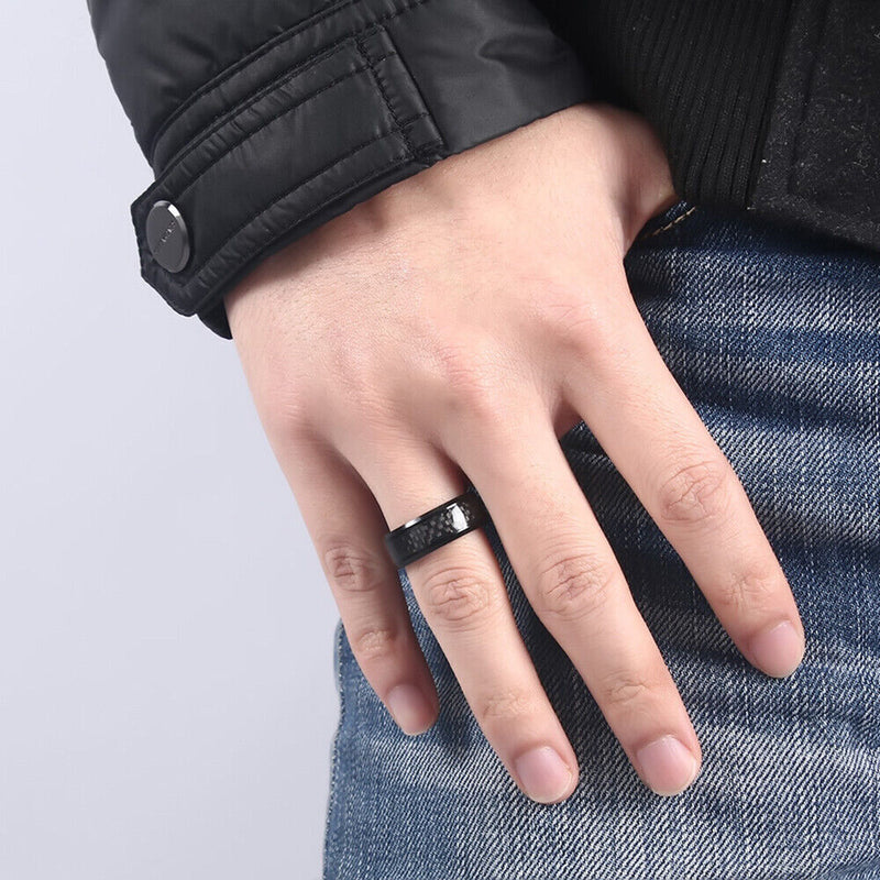 Engagement Stainless Steel Punk Wedding Band Carbon Fiber Ring Men Ring Black