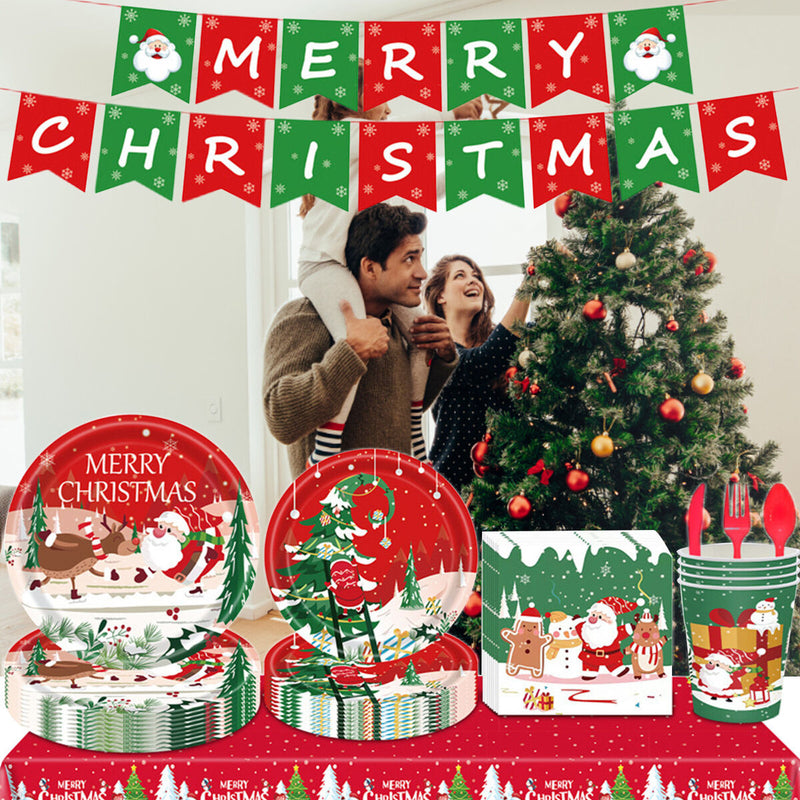 9pcs/set Xmas Party Tableware Waterproof Xmas Paper Cups Plates Festive Supplies
