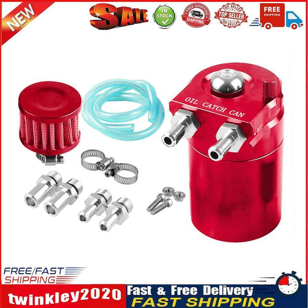 Car Baffled Oil Catch Can Tank with Air Filter Hose Fuel Reservoir (Red) Newly
