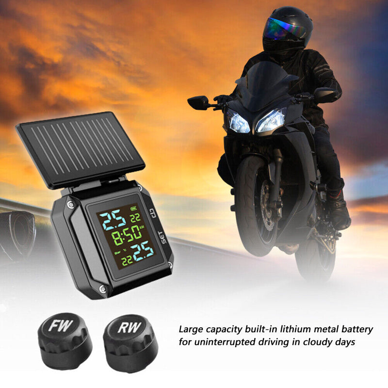 Wireless LCD Tire Pressure Monitor Solar Waterproof Motorcycle TPMS Kit Newly