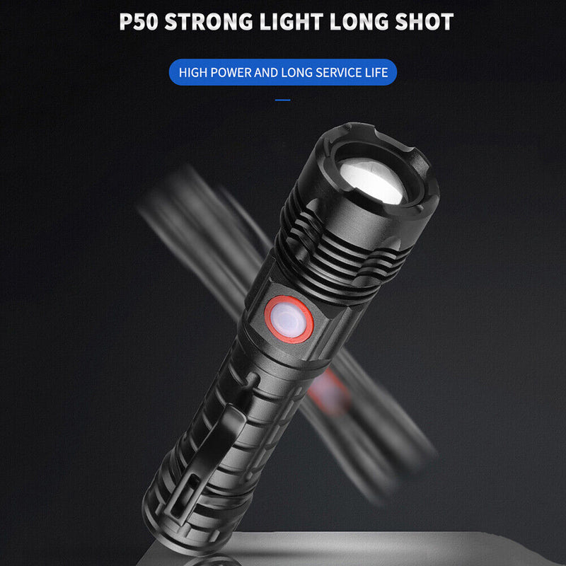XHP50 Flashlight 5 Mode USB Waterproof Zoom LED Hand Torch with Pen Holder