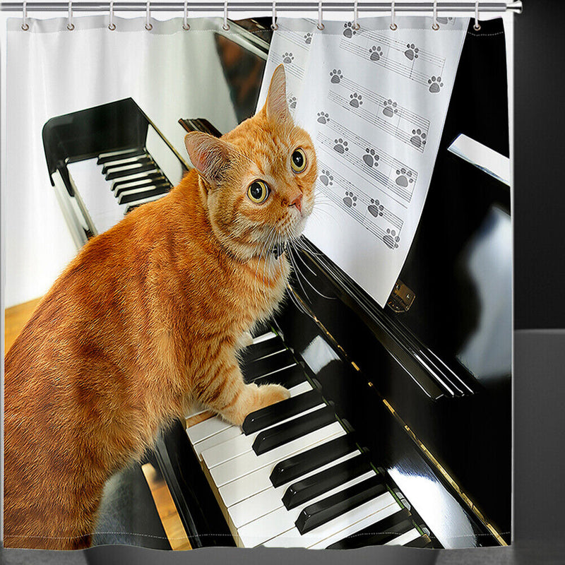 Cat Playing Piano Shower Curtain Anti Splash Bathroom Curtain Hanging Covers