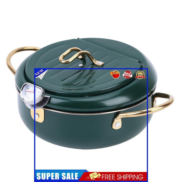 Deep Fryer Pot Stainless Steel Tempura Pot with Thermometer (24cm Green)