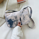 Fashion Women Floral Letters Printed Shoulder Underarm Bag Handbags (White)