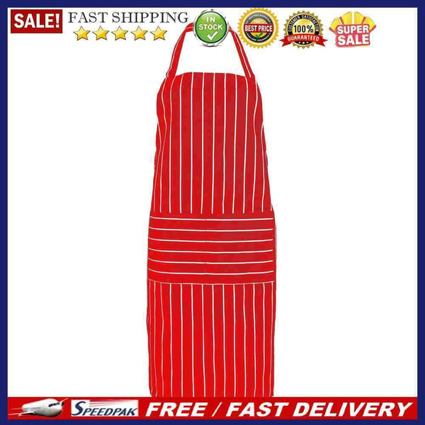 Plain Stripe Kitchen Apron with Front Pocket Chefs Cooking Baking (Red)