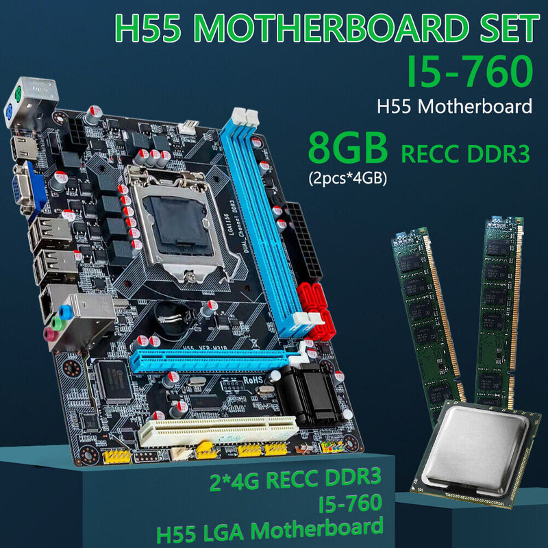 H55 Motherboard+Intel Core i5-760 CPU+2xDDR3 4G Memory for LGA1156 PC Board Kit
