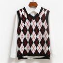 Loose sweater Y2K V Neck Plaid Knitted Knitwear top Sweater Vest Sleeveless