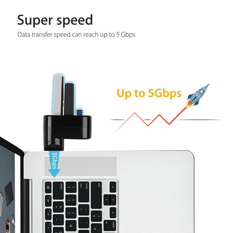 Mini Rotatable 3 Port USB Hub U Disk Reader Splitter for PC (USB 2.0 Black)