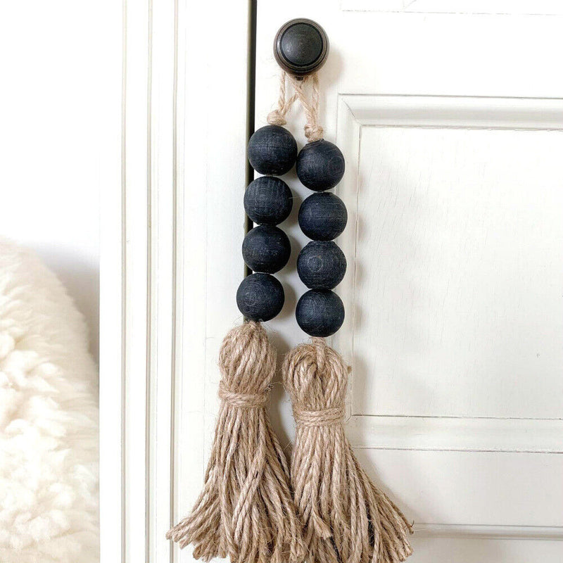 Pastoral Hemp Rope Tassel Wooden Bead String Wall Door Hanging Home Decor DIY