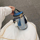 Tassel Shoulder Handbags Leather Weaving Ethnic Women Small Crossbody Bucket Bag