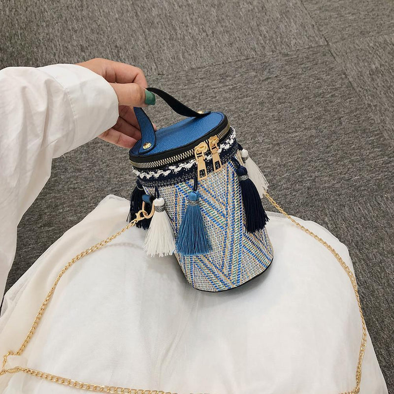 Tassel Shoulder Handbags Leather Weaving Ethnic Women Small Crossbody Bucket Bag