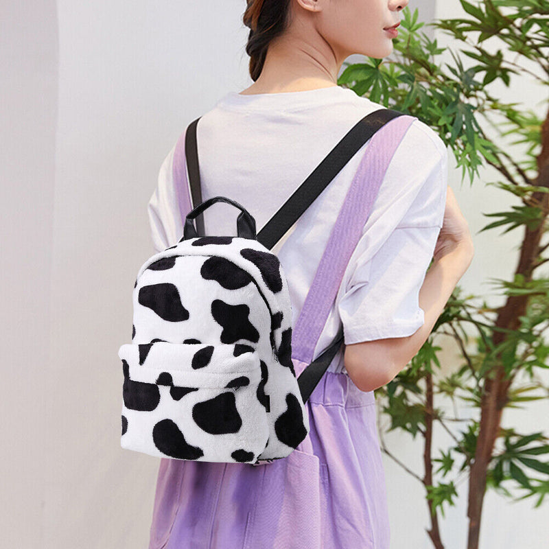Fashion Winter Fluffy Women Soft Plush Printed Cow Backpack Girls School Bags