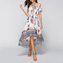 Women Off Shoulder Floral Print Dress Bohemian Beach Swing Dress (White M