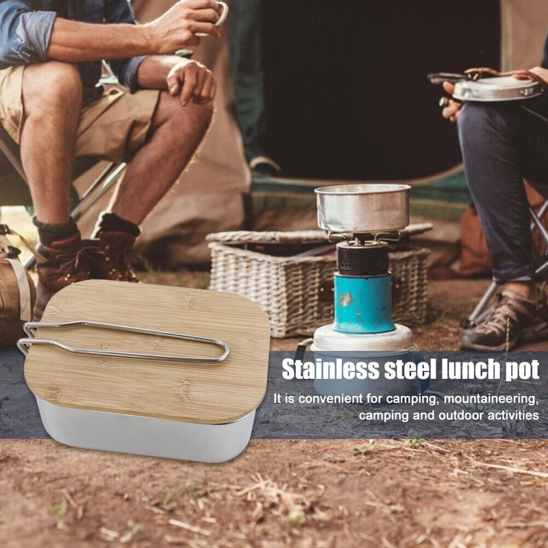 Steel Lunch Box Bamboo Wood Cover Portable Picnic Barbecue Bento Container Newly
