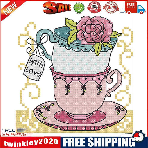 Teacup Cross Stitch Kit 14CT Stamp Embroidery DIY Needlework (J357 15x15cm)